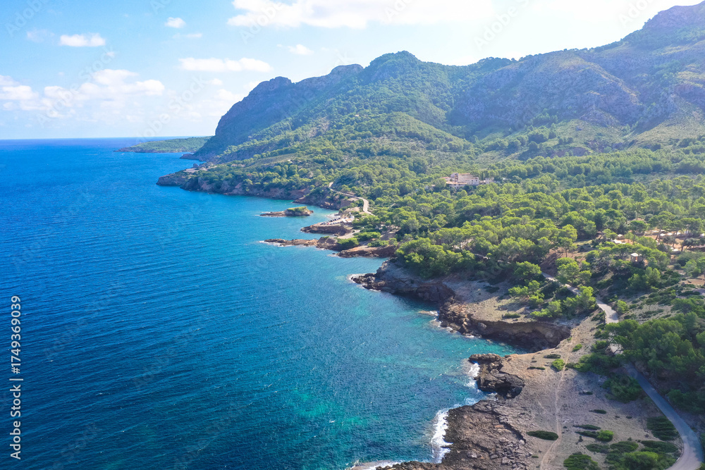 Naklejka premium Panoramic aerial view. Cala Morlanda, S'Illot, Manacor coast. Near Alcúdia. Mediterranean Sea, Mallorca, Balearic Islands, Spain, Europe