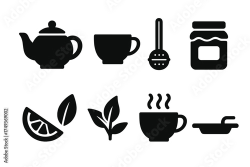 Tea Ritual Icons. Tea Rituals. Filled icon set of Tea Rituals: teapot, tea cup, infuser, honey jar, lemon