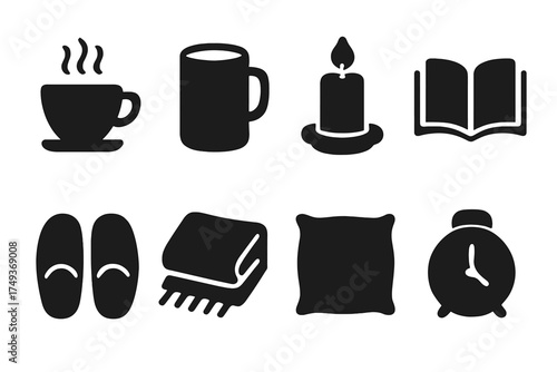 Evening Routine Icons. Evening Routine. Filled icon set of Evening Routine: tea cup, warm milk, candle, book,