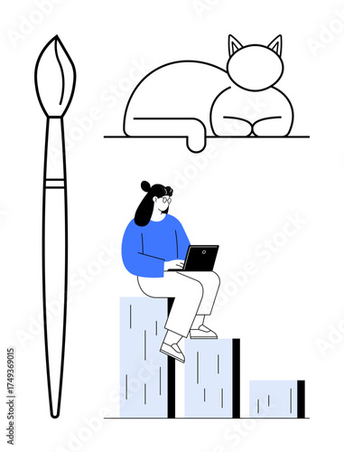 Paintbrush next to cat sketch, woman sitting with laptop on chart bars. Ideal for creativity, self-improvement, work-life balance, digital trends, growth, art simplicity. A simple flat metaphor
