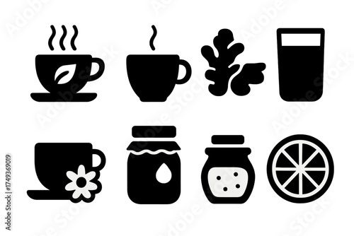 Wellness Drink Icons. Wellness Drinks. Filled icon set of Wellness Drinks: herbal tea cup, warm milk, ginger
