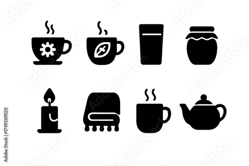 Relaxing Drink Icons. Relaxing Drinks. Filled icon set of Relaxing Drinks: chamomile tea cup, peppermint tea