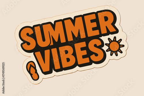 Retro Summer Stickers. Summer Vibes. retro sticker block lettering, bold cut-out outline, slight tilt/overlap,
