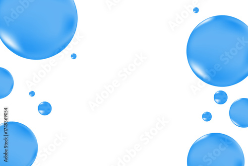 Cute glowing light blue liquid water bubbles, fluid serum droplets isolated on transparent background. Aesthetic composition for cosmetology presentation, beauty science, skin care molecular concept.