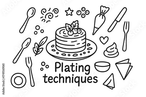 Doodle Dessert Display. Plating techniques. Hand-drawn doodle illustration of Plating techniques. In the