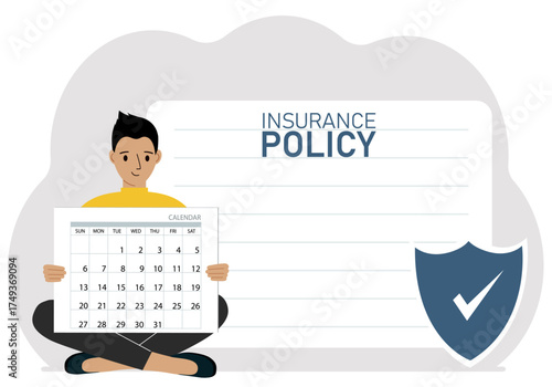 A man holds a calendar. Next to it is a large insurance policy sign. Concept for life, property, or disaster insurance.