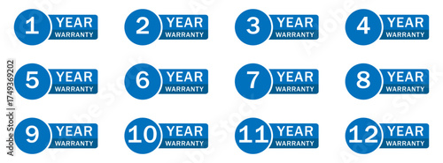 Collection of blue circular badges representing warranty periods from one to twelve years.
