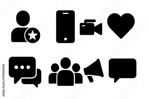 Influencer Icon Set. Influencer. Filled icon set of Influencer: person with star badge, smartphone, video