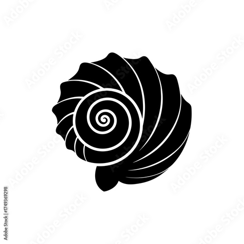 A black and white seashell graphic silhouette