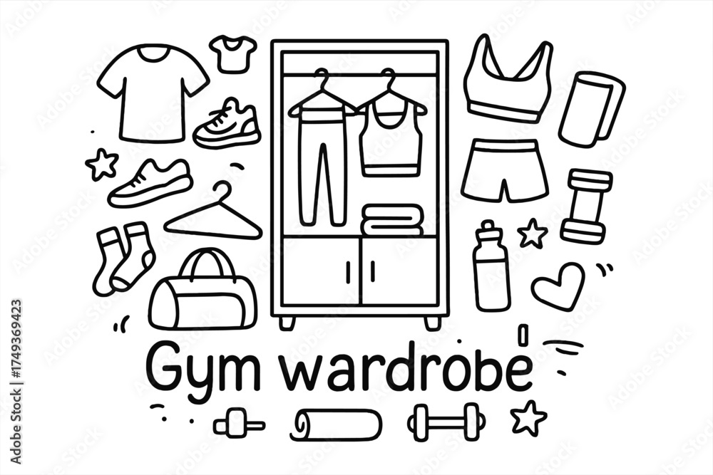 Fototapeta premium Doodle Gym Wardrobe. Gym wardrobe. Hand-drawn doodle illustration of Gym wardrobe. In the middle, one slightly