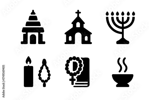 Religious Festival Icons. Religious Festivals. Filled icon set of Religious Festivals: temple, church, mosque,