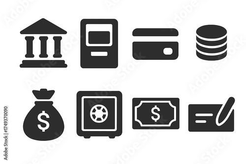 Banking Icons Set. Banking. Filled icon set of Banking: bank building, ATM, credit card, coins, money bag,