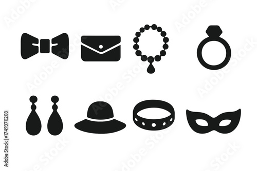 Party Accessories Icons. Party Accessories. Filled icon set of Party Accessories: bow tie, clutch bag,