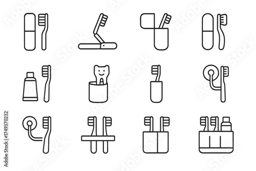 Toothbrush Holder Icons. Toothbrush holder. Line outline icon set of Toothbrush holder: travel toothbrush,