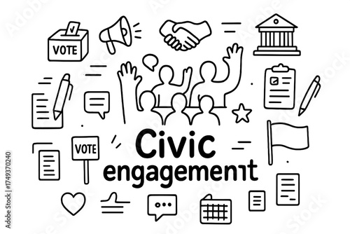 Civic Engagement Doodle. Civic engagement. Hand-drawn doodle illustration of Civic engagement. In the middle,