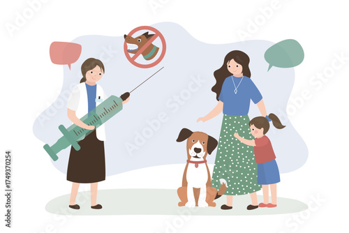 Veterinarian make injection for sick dog against Rabies. Owners with dog came to vet clinic. Medical care, immunization, fight with danger infection.