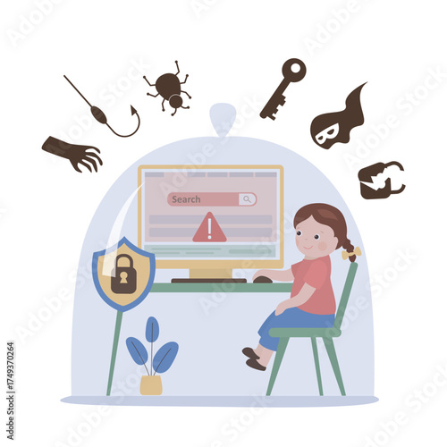Kids internet control. Girl sitting in glass jar and  browsing web. Safe internet surfing for kids concept. Parental control. Protection from virus attacks, bugs, scam,