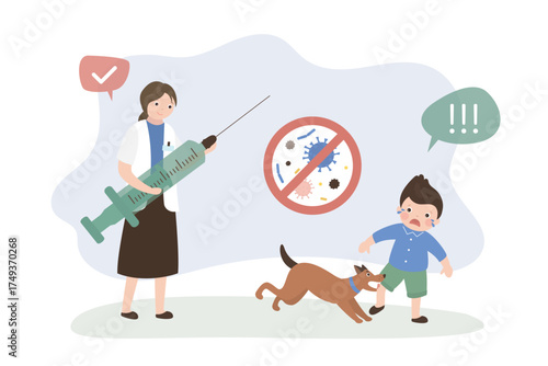 Aggressive dog attacks and bites little boy. Doctor make injection for sick dog against Rabies. Medical care, immunization, fight with dangerous infection