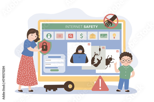 Kids internet control. Parent give shield for child then he browsing web. Safe internet surfing for kids concept. Parental control. Protection from virus attacks, bugs, scam