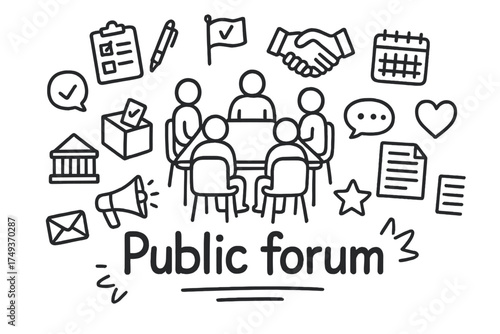 Public Forum Doodle. Public forum. Hand-drawn doodle illustration of Public forum. In the middle, one slightly