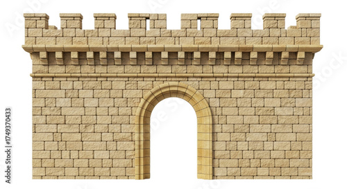 Isolated Brick Wall with Archway- Building Structure, Facade, Stone, Medieval, Fortress, Castle Gate