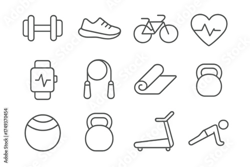 Wellness Retreat Icons. Wellness retreats. Line outline icon set of Wellness retreats: fitness dumbbell,