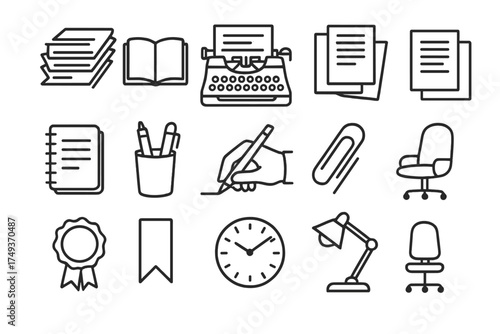 Vintage Writing Icons. A vintage typewriter with an unfinished manuscript on paper. Line outline icon set of A
