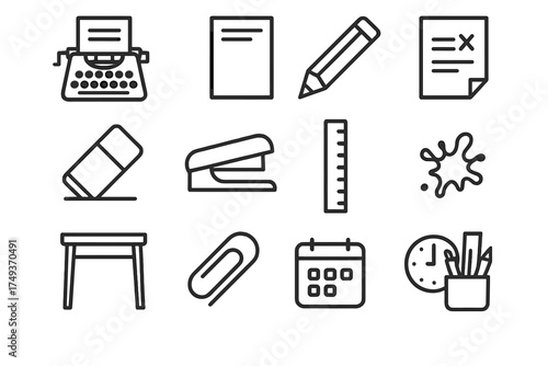 Vintage Writing Tools. A vintage typewriter with an unfinished manuscript on paper. Line outline icon set of A