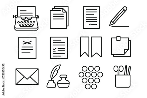 Vintage Typewriter Icons. A vintage typewriter with an unfinished manuscript on paper. Line outline icon set