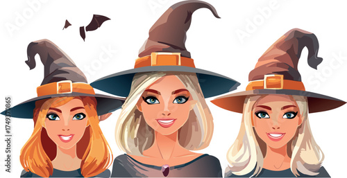 Three happy young women wearing witch hats