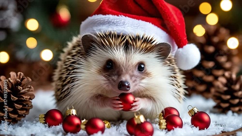 A small hedgehog wearing a red Santa hat sits among pine cones and red ornaments on a snowy surface, creating a festive holiday scene.	
