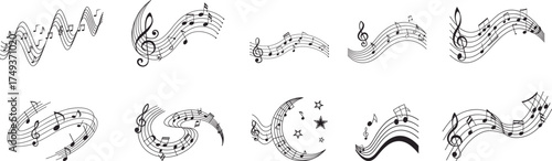 Music notes wave. Flowing musical staff lines with notes, clefs and melody rhythm patterns in dynamic circular, spiral and wavy shapes. Elegant swirling compositions for music posters. Vector set