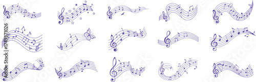 Blue musical notes and flowing staff lines forming artistic wave designs. Decorative melody patterns perfect for creative backgrounds, posters, and music-themed projects. Elegant vector art for design