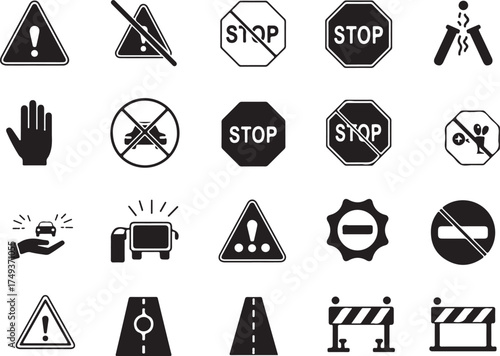Black STOP icon set featuring warning, prohibition, and alert symbols. Includes hand signs, danger, no entry, and road barrier icons. Flat vector illustration for safety and caution design themes.