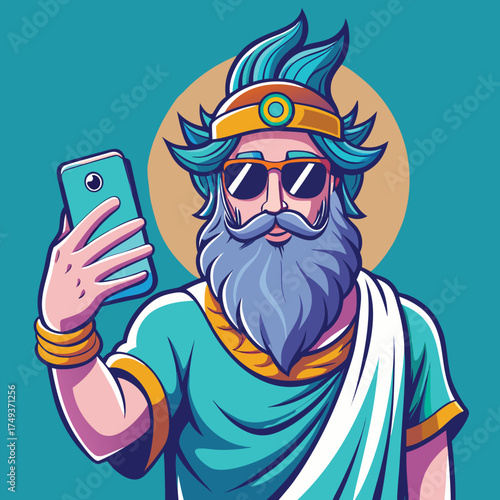 Cartoon Poseidon taking selfie with smartphone showing modern ancient times