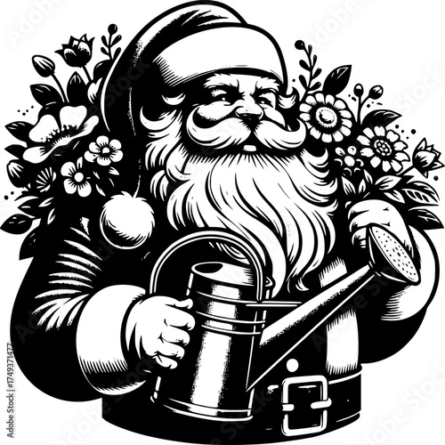 Santa's Garden: An illustration of Santa Claus tending to a lush garden filled with flowers, depicting the joyful blend of holiday spirit and nurturing nature.