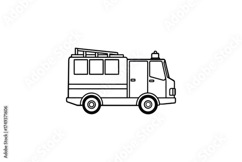Simple black and white drawing of a classic fire truck silhouette