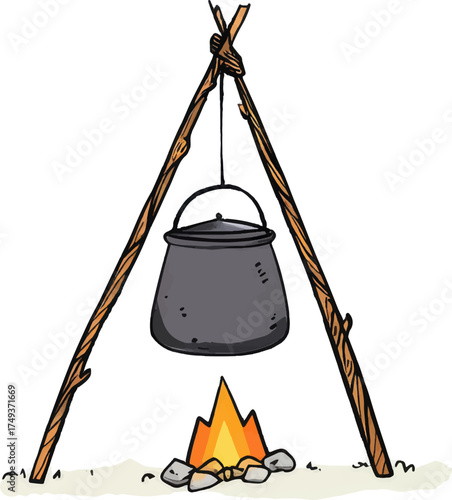 
A simple cartoon drawing of an iron pot hanging over a fire, supported by wooden sticks in front view. The background is white
