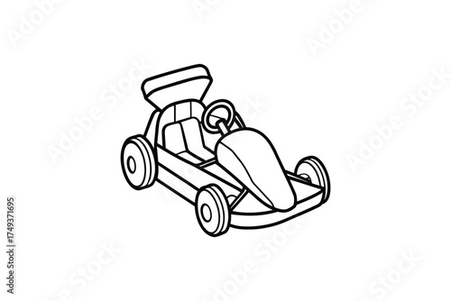 Simple black and white line drawing of a go kart vehicle silhouette