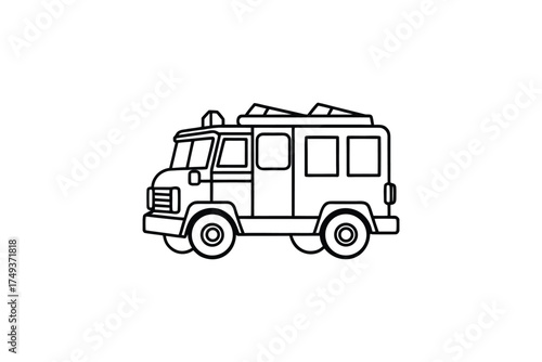 Simple black and white outline drawing of a van with roof rack silhouette