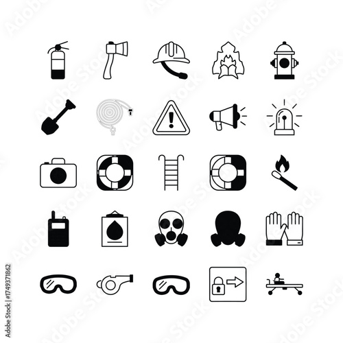 Collection of Firefighter and Safety Equipment Icons.