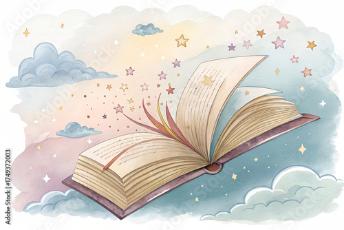 Flying open book watercolor illustration with turning pages, magical reading concept in artistic hand painted style. Dreamy fantasy vector for education, imagination, library or storytelling themes.
