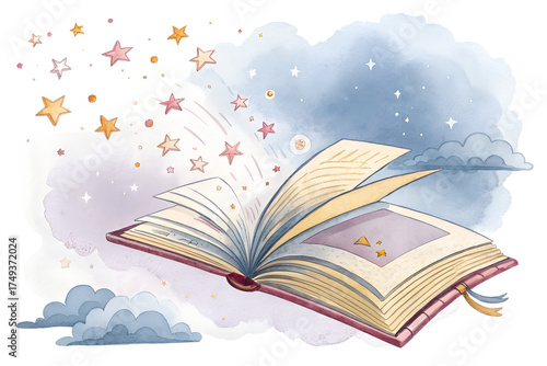 Flying open book watercolor illustration with turning pages, magical reading concept in artistic hand painted style. Dreamy fantasy vector for education, imagination, library or storytelling themes.
