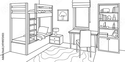 Bunk bed children room graphic black white home interior sketch illustration vector 