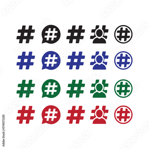 Colorful social media icons featuring hashtags and user symbols