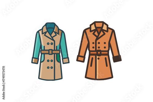 Two colorful trench coats displayed against a plain background silhouette
