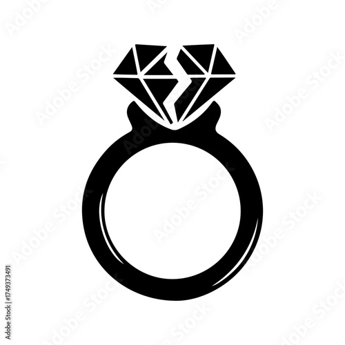 Black Silhouette Icon of Broken Diamond Ring on White Background