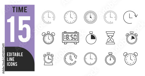 Collection of editable line icons representing different types of clocks, timers, and time measurement devices