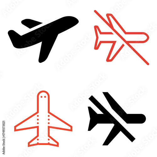 Airplane and Flight Status Icon Set, Vector Symbols for Travel, Airport Landing, and Canceled Flights, No Fly Notifications