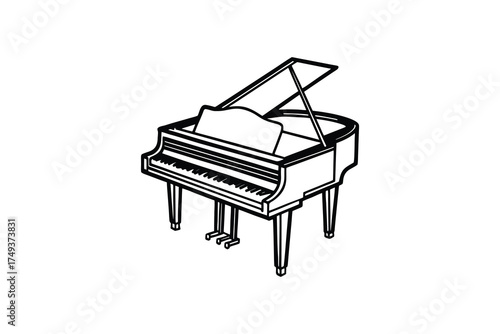 Detailed black and white illustration of a grand piano artistic silhouette